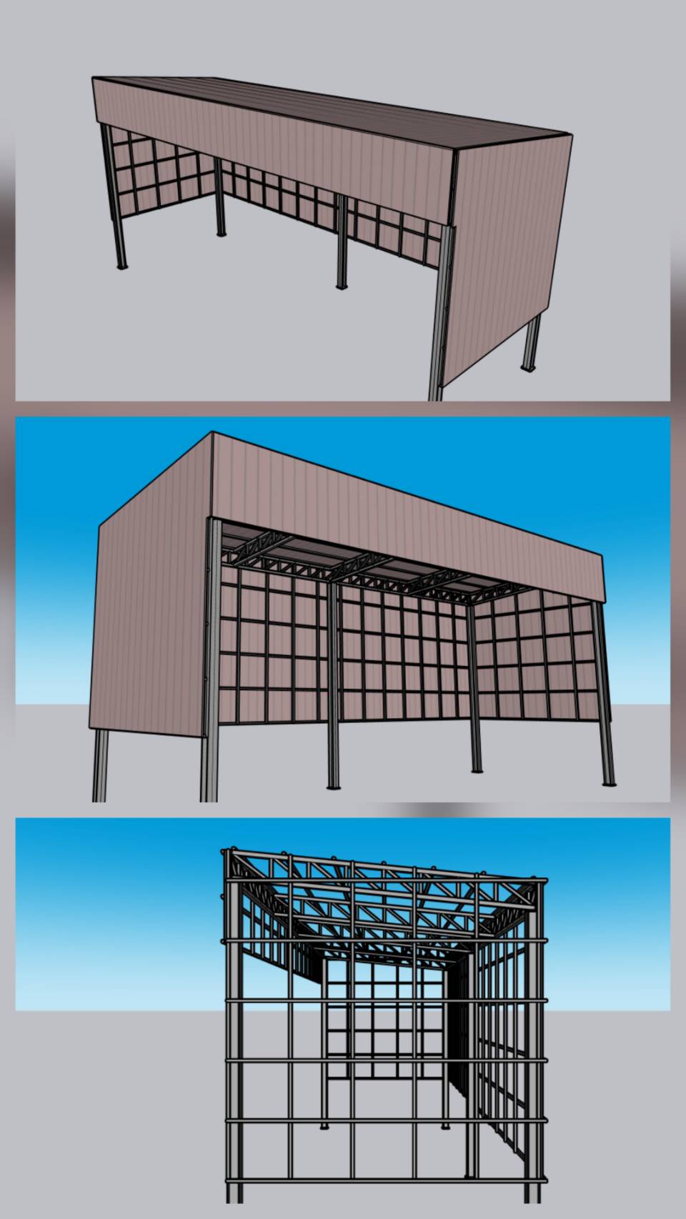 แบบจำลอง 3D โครงสร้างโรงจอดรถและกันสาดโครงเหล็ก