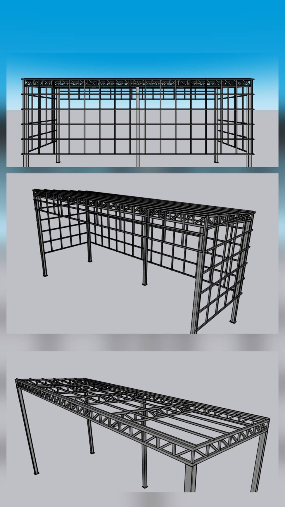 แบบ 3D Wireframe โครงสร้างเหล็กโรงจอดรถและกันสาด