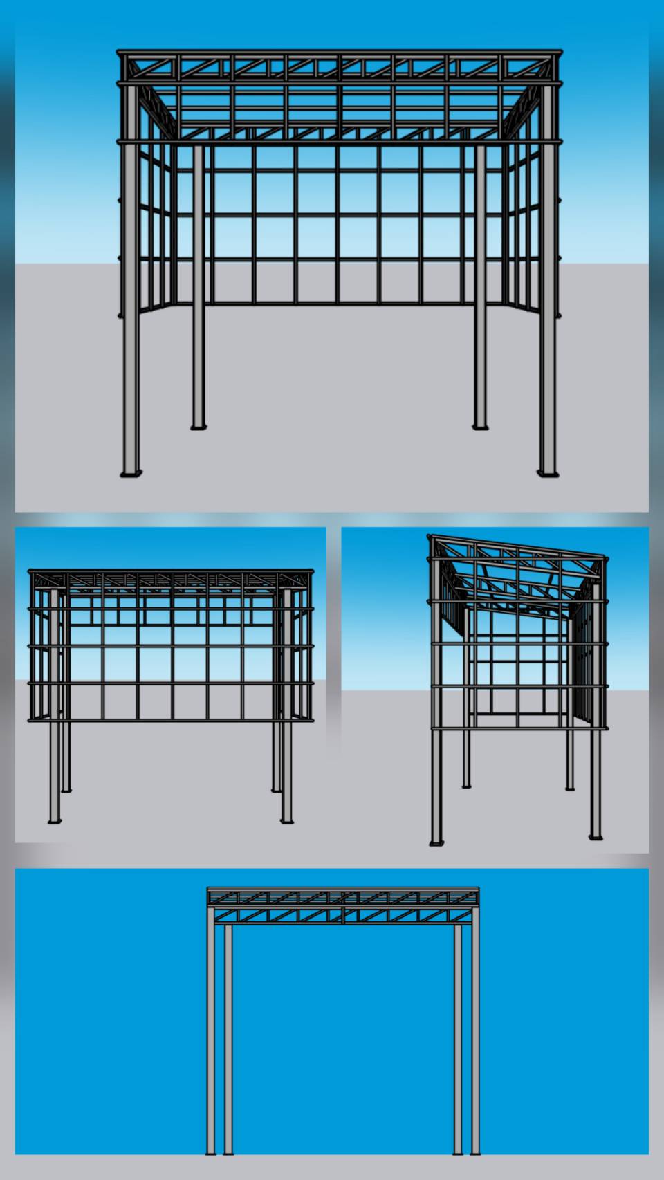 แบบจำลอง 3D โครงสร้างกันสาดและโรงเรือนเหล็ก