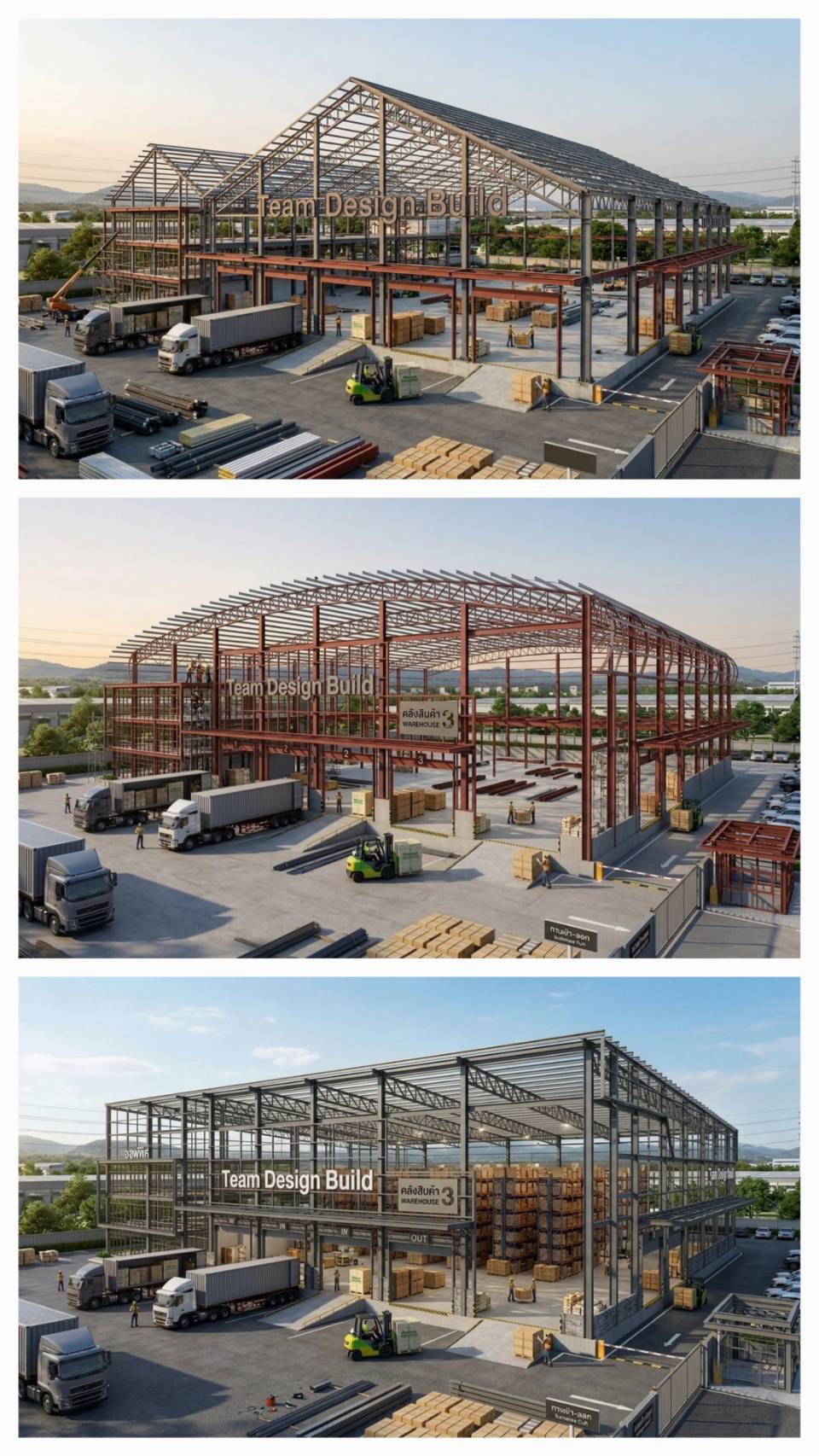 แบบ 3D โครงสร้างเหล็กโกดัง 3 สไตล์ Team Design Build